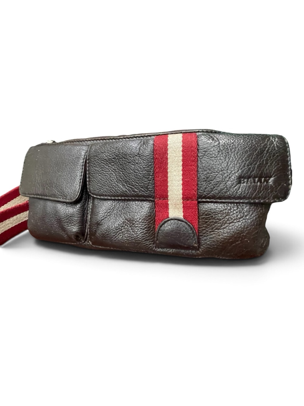 Bally Vintage Brown Leather Red White Stripe Waist Belt Bag